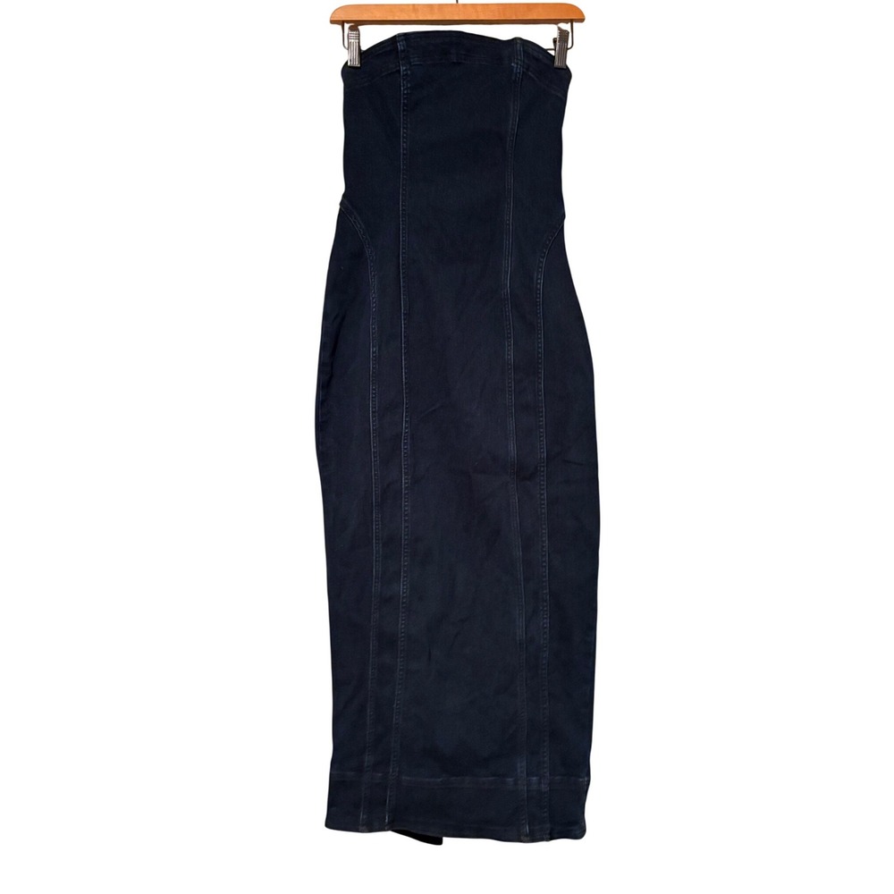 Anthropologie Pilcro Dark Wash Denim Strapless Maxi Dress Bodycon back slit SZ S